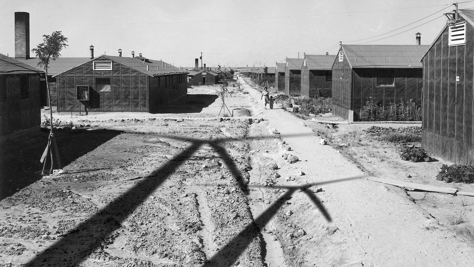 Archival photo of Japanese-American concentration camp Minidoka with Photoshopped wind turbine shadows on top
