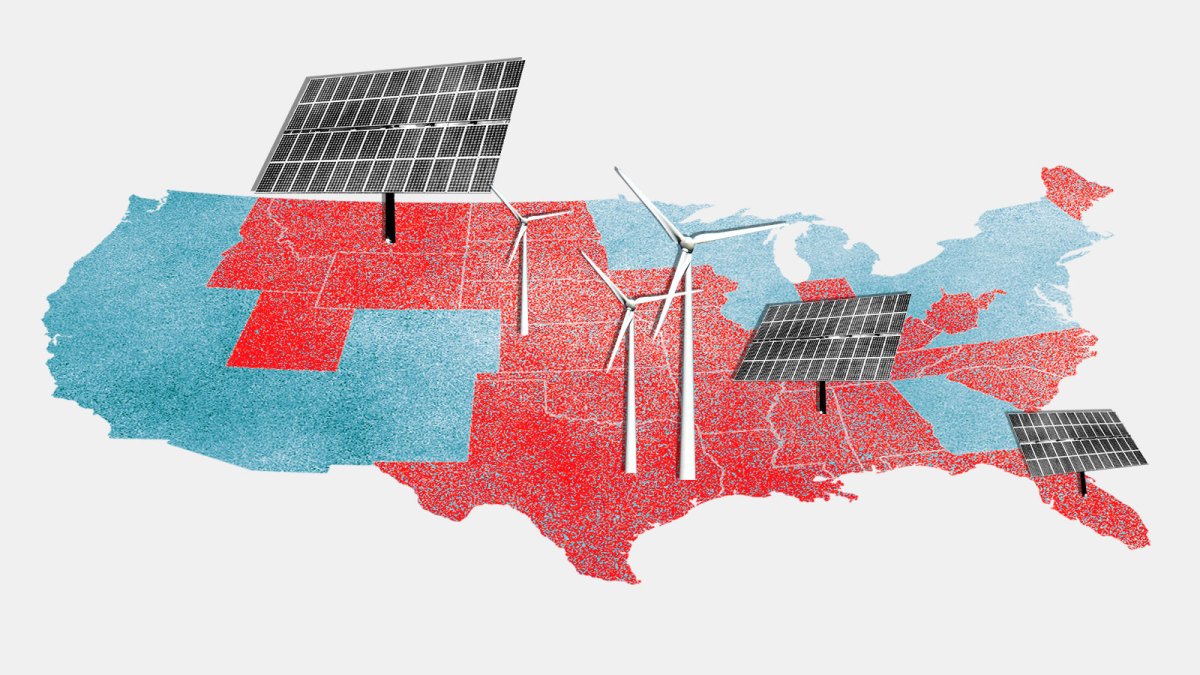 Blue silhouette of USA with conservative states colored red; solar panels and wind turbines are placed randomly on top of the red states