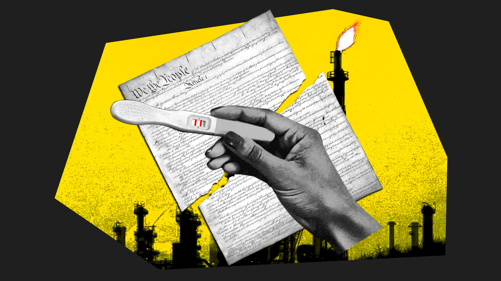 Female hand holding positive pregnancy test layered on top of torn United States constitution and refinery smokestacks silhouetted on bright yellow in the background