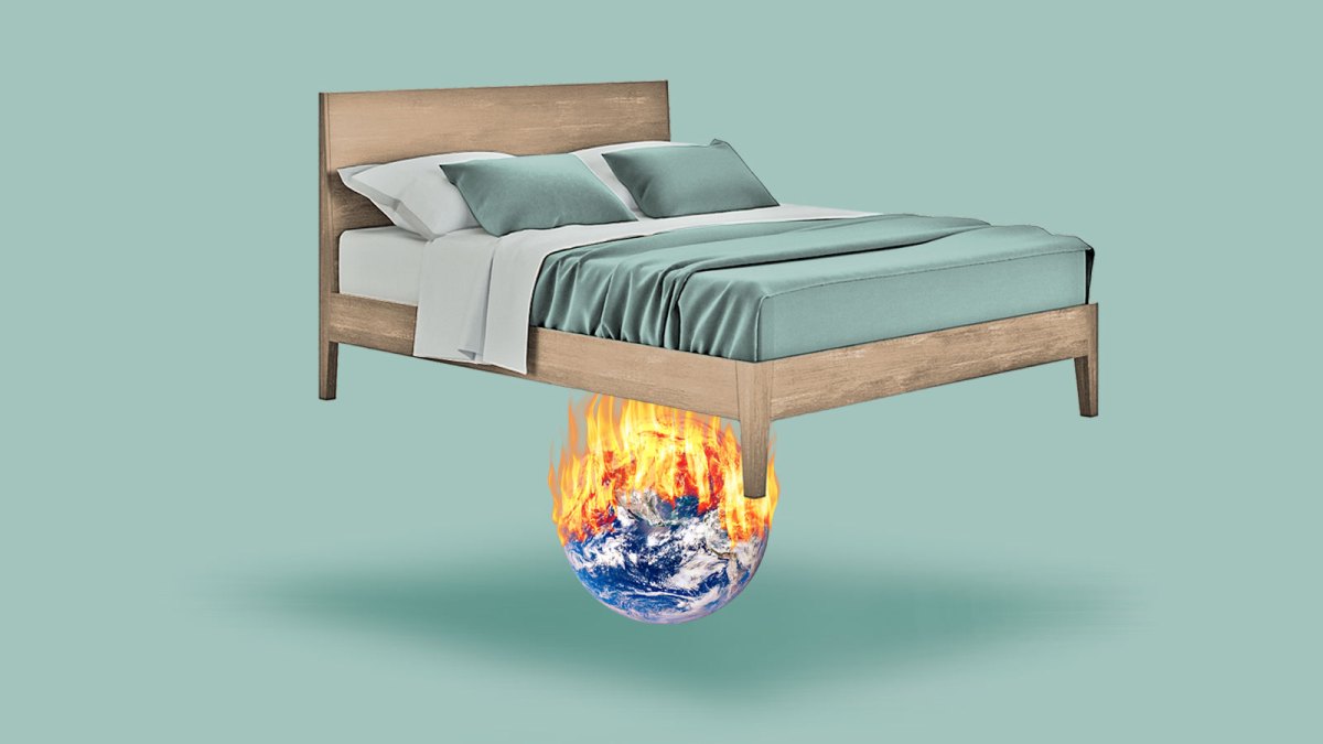 Collage of bed floating in air with an earth that is on fire underneath it