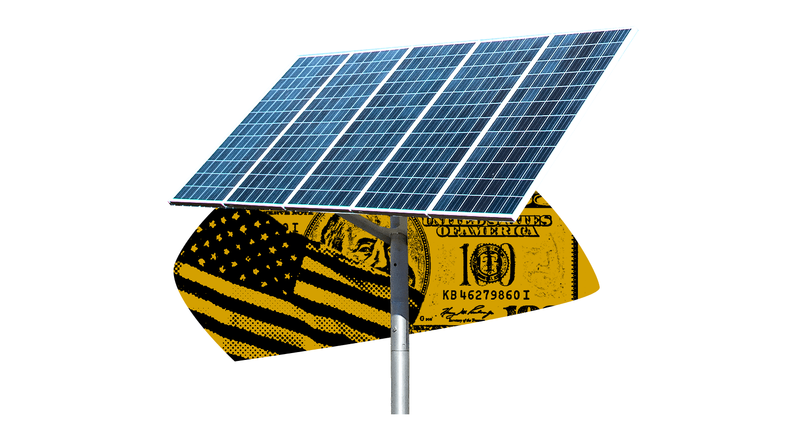 Collage of solar panel on top of abstract shape with black images of american flag and 100 dollar bill