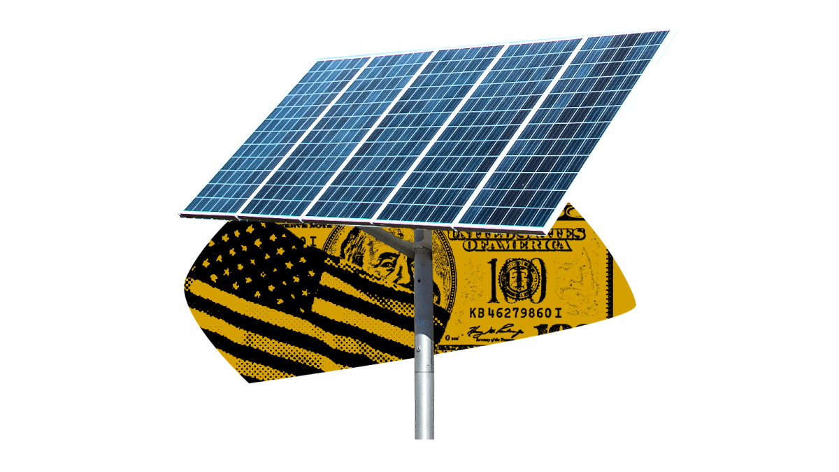 Collage of solar panel on top of abstract shape with black images of american flag and 100 dollar bill