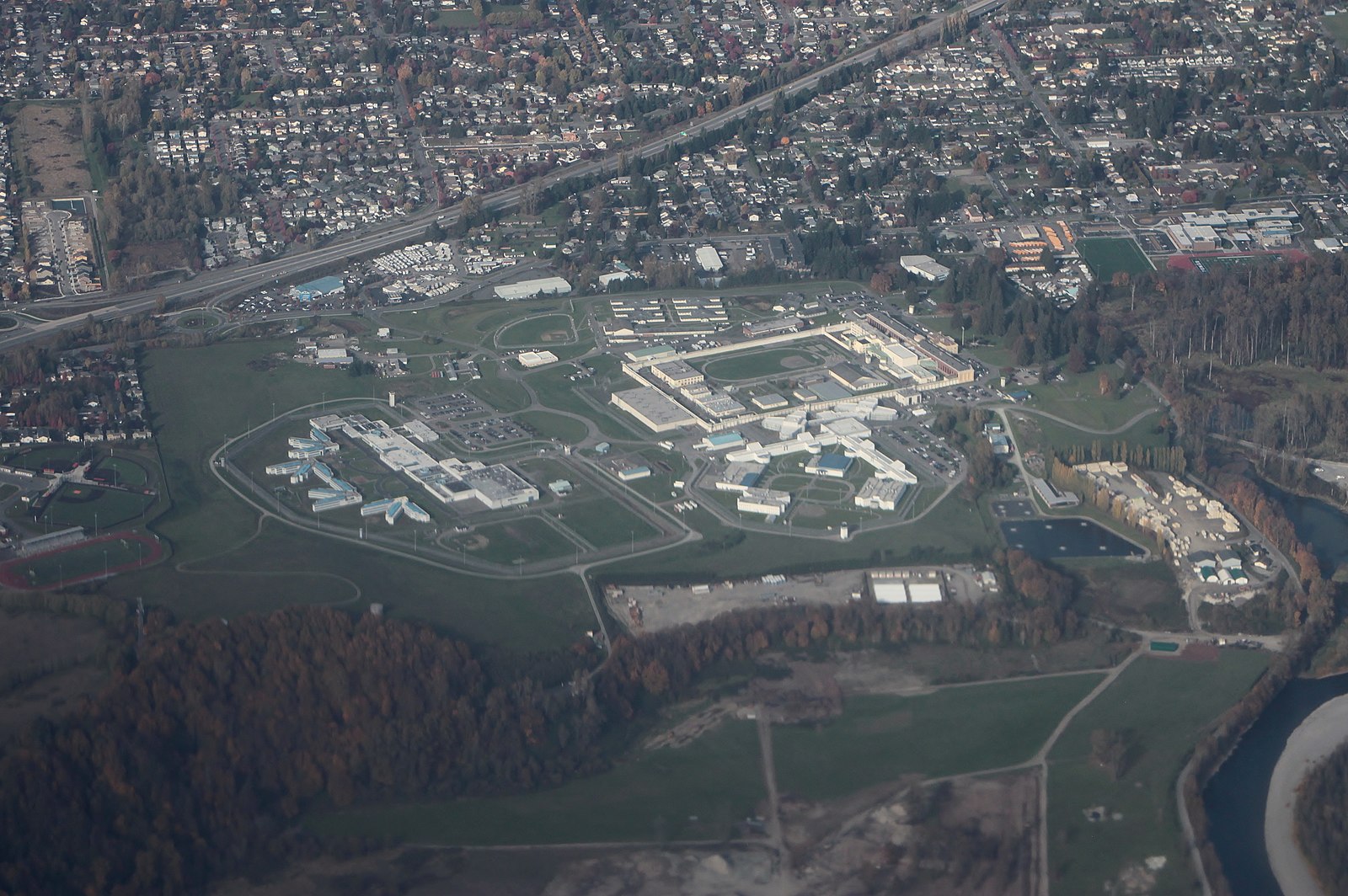 An aerial view of the Monroe Correctional Complex, a state prison in Monroe, Washington.