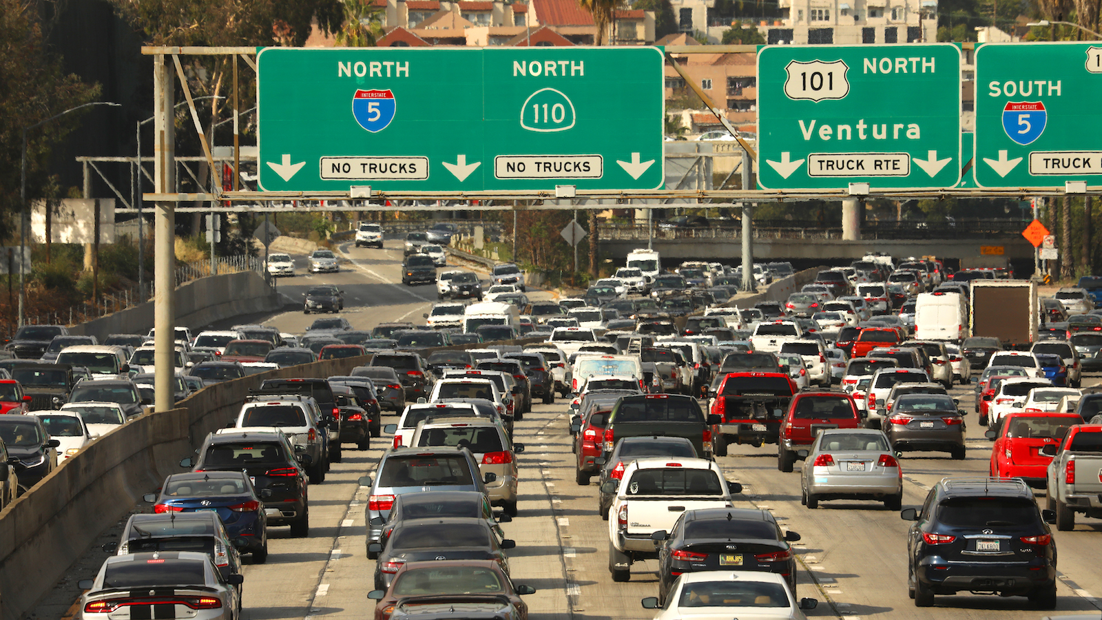 Rush hour at the intersection of the 110 and 101 freeways on June 15, 2021 in Los Angeles.