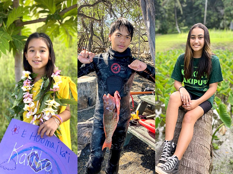 three photos of children: one holding a sign, one holding a fish, and one sitting on a tree trunk