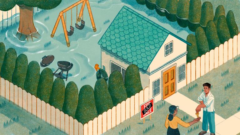 Illustration: semi-aerial view of a person handing a key to another person in front of a house with a "sold" sign in the front yard. The house is surrounded by a picket fence and trees, and the back yard is flooded.