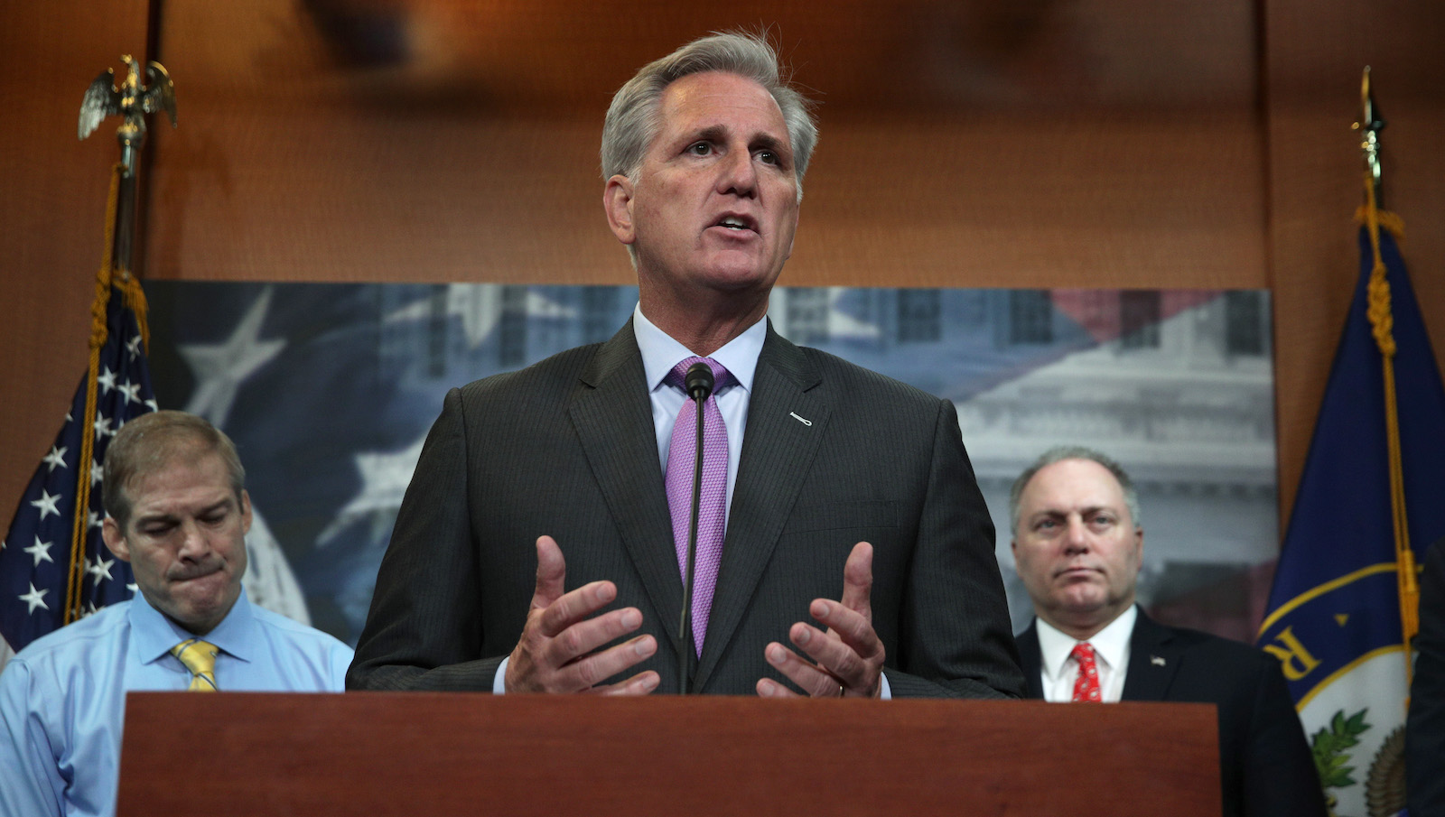 Kevin McCarthy stands at a podium speaking.
