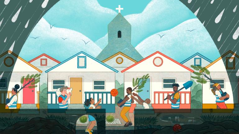 Illustration: Various people carrying trees, shovels, and bags on a sidewalk in front of rows of white houses with bright trim colors, a church steeple rising into a cloudy blue sky behind them. The illustration is framed by a dark overlay with raindrops at the top, and flooded streets at the bottom.