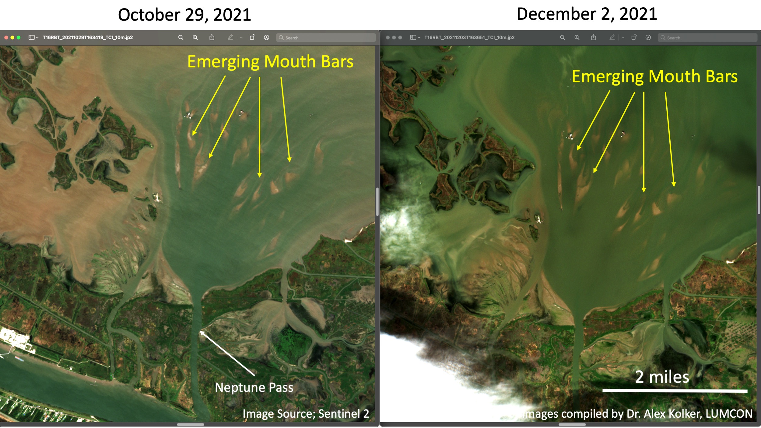 Two satellite images dated Oct. 29, 2021, and Dec. 2, 2021. Yellow arrows labelled "emerging mouth bars" point to tear-shaped land building in a bay off the Mississippi River.