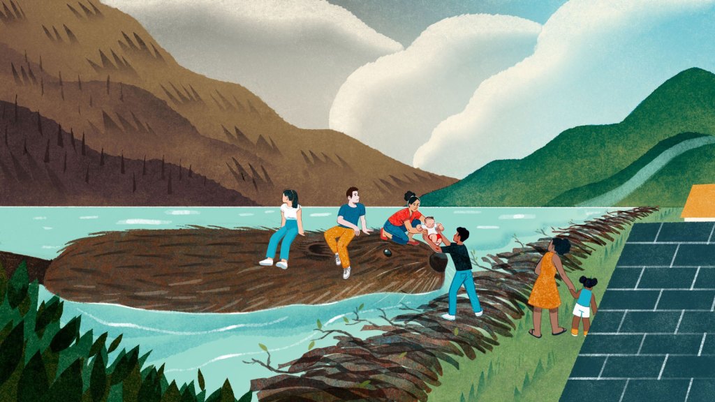 Illustration: a giant beaver in a river with people climbing off its back to dry land, with brown mountains to the left and green mountains to the right