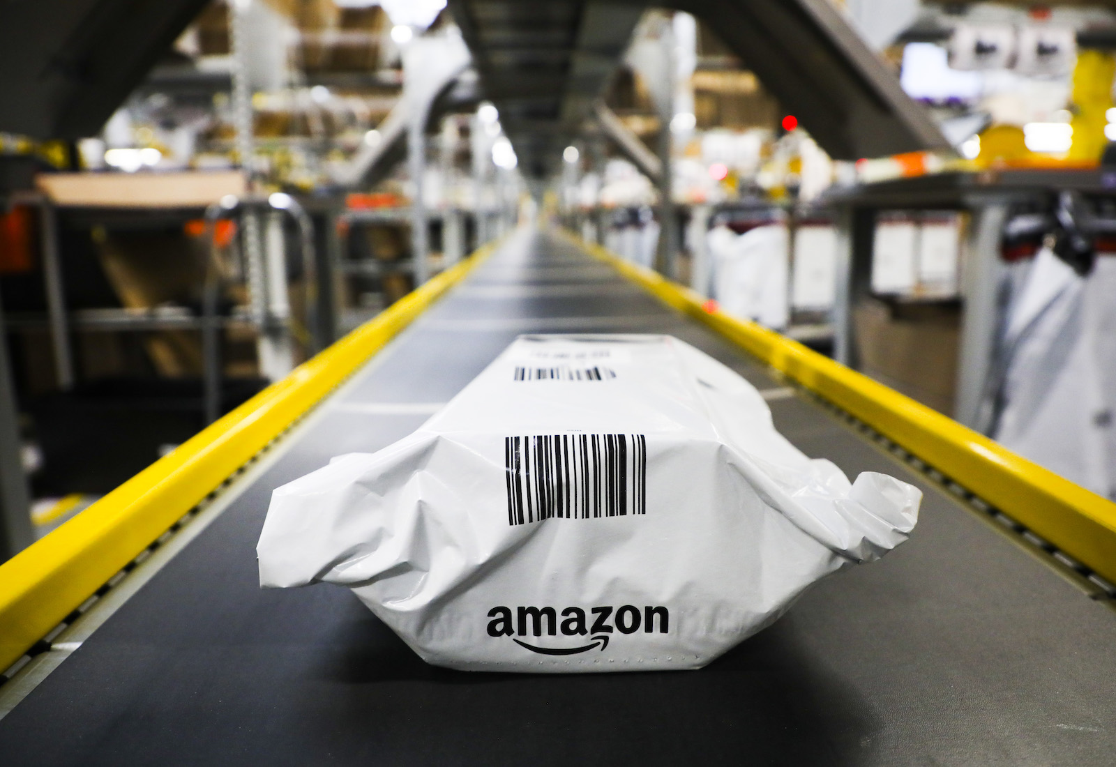 Amazon package on a conveyor belt