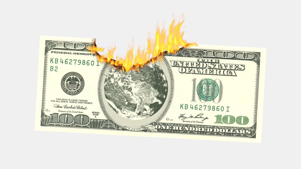 Photoshopped 100 dollar bill with top center edge burnt away and on fire, with Earth in the center instead of Ben Franklin