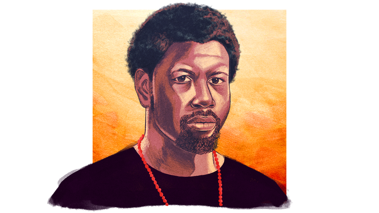 Illustrated portrait of a Black man in his thirties with a small afro, goatee, red beaded necklace and black shirt; a square of orange watercolor brushstrokes is behind him