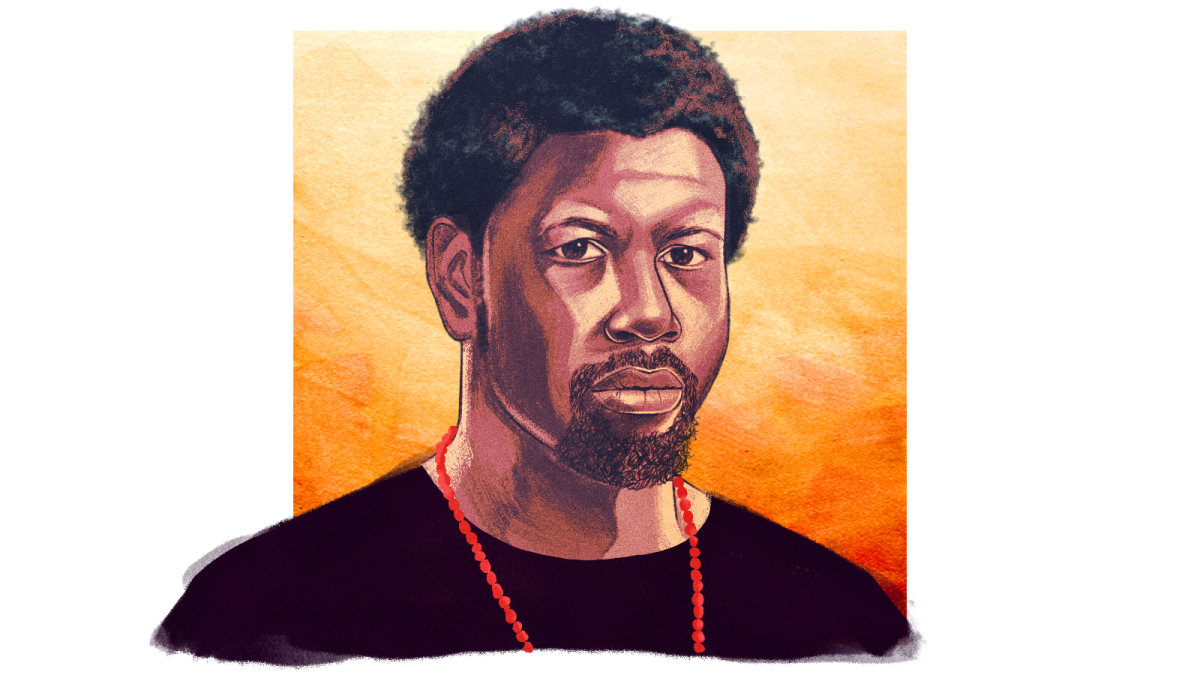 Illustrated portrait of a Black man in his thirties with a small afro, goatee, red beaded necklace and black shirt; a square of orange watercolor brushstrokes is behind him