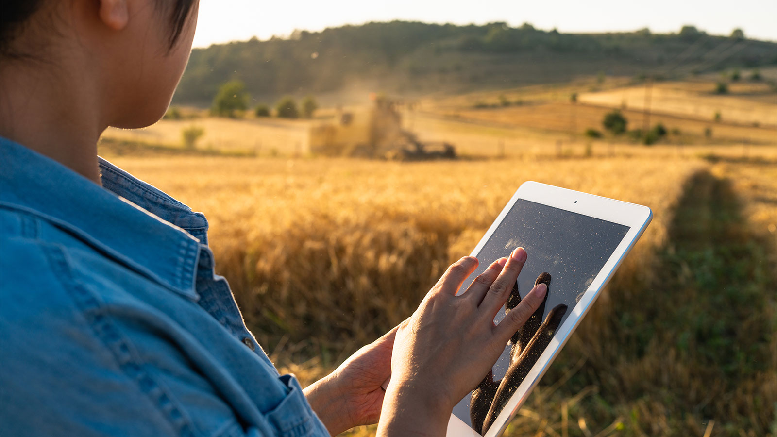 Over the shoulder view of woman using tablet outside; in the background a combine harvester machine works in a field with hills in the distance.