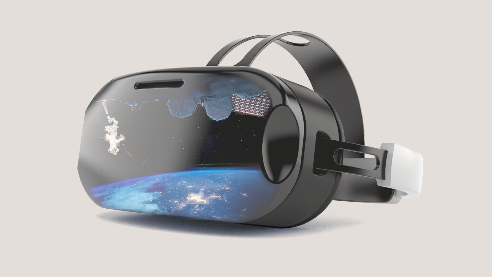 Virtual reality headset reflecting a view of earth and part of the International Space Station