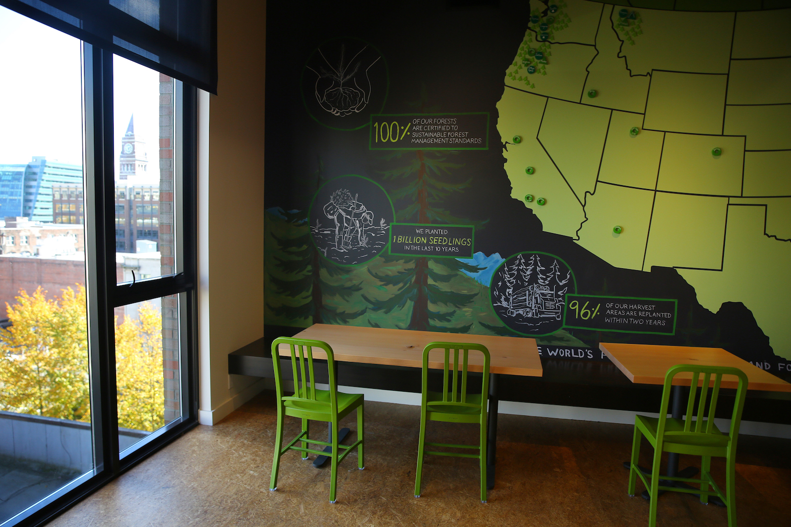 green wood chairs in front of chalkboard in office setting