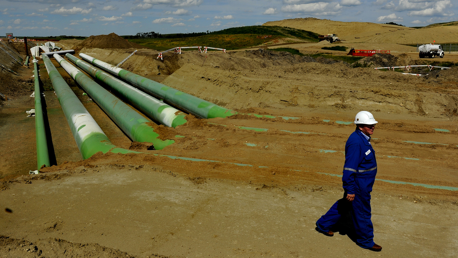 Green pipelines under construction for the Keystone XL pipeline in Alberta, Canada.