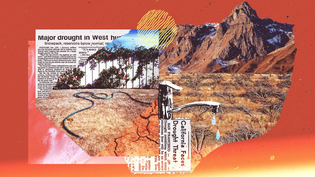 Collage: newspaper clippings with headlines about drought; photos of a yard with brown grass and a hose, cracked earth, a faucet dripping water, a field of dead almond trees, and a mountain with barely any snowpack on it; a circle made of wavy yellow lines is on top of the center of the collage