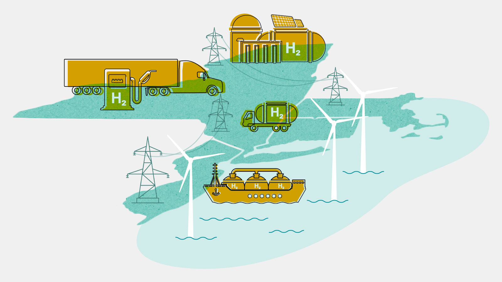 Illustration: A hydrogen storage facility, semi-truck with hydrogen fuel pump, truck transporting hydrogen, and electric towers on top of silhouettes of New York, Massachusetts, Connecticut, and New Jersey. To the right of the states are offshore wind turbines and a cargo ship transporting tanks of hydrogen.
