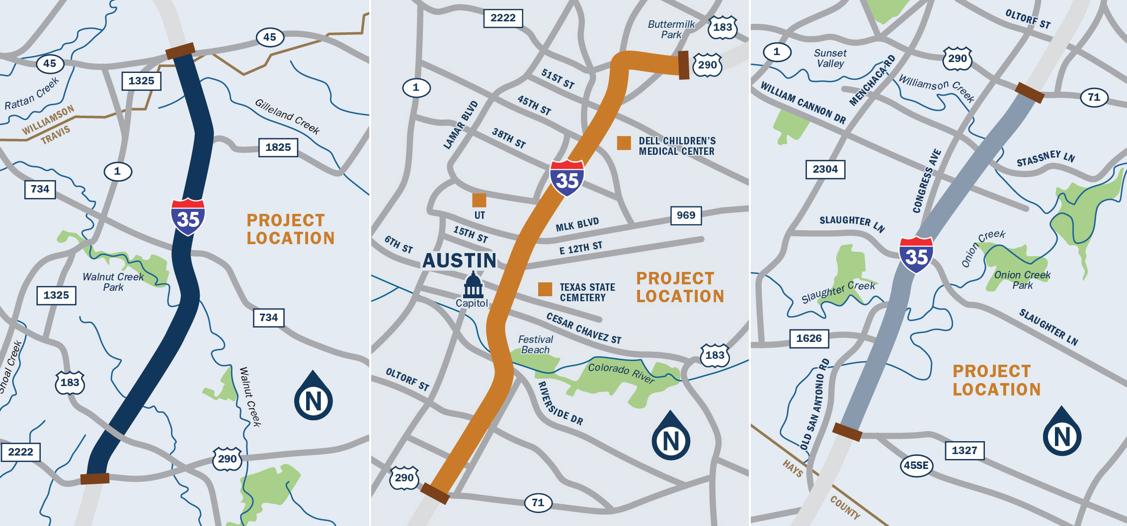 Three maps showing sections of the Interstate 35 expansion project in Austin, Texas; from left to right the maps are the northern, central, and southern sections of the interstate.