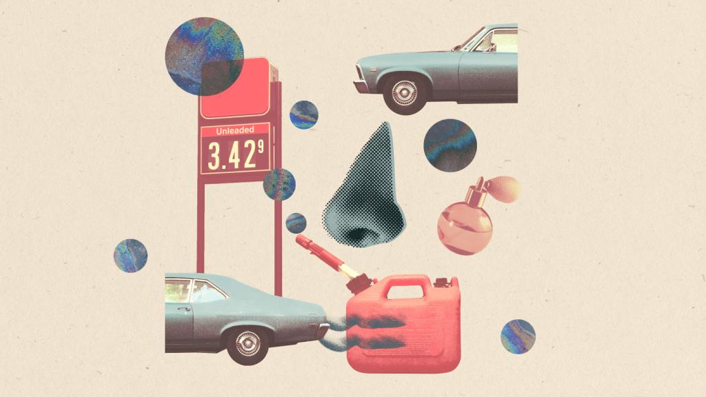 Collage: circles of oil slicks, a gas station sign, a vintage car cut in half, a nose, a gas canister, and a perfume bottle