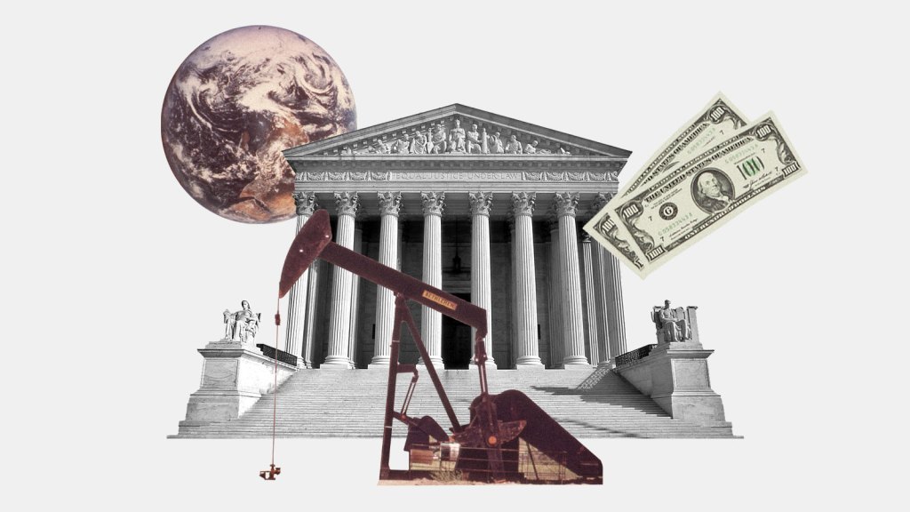 Collage: United States Supreme Court building with planet Earth, an oil pumpjack, and vintage one hundred dollar bills surrounding it in a semi triangular layout