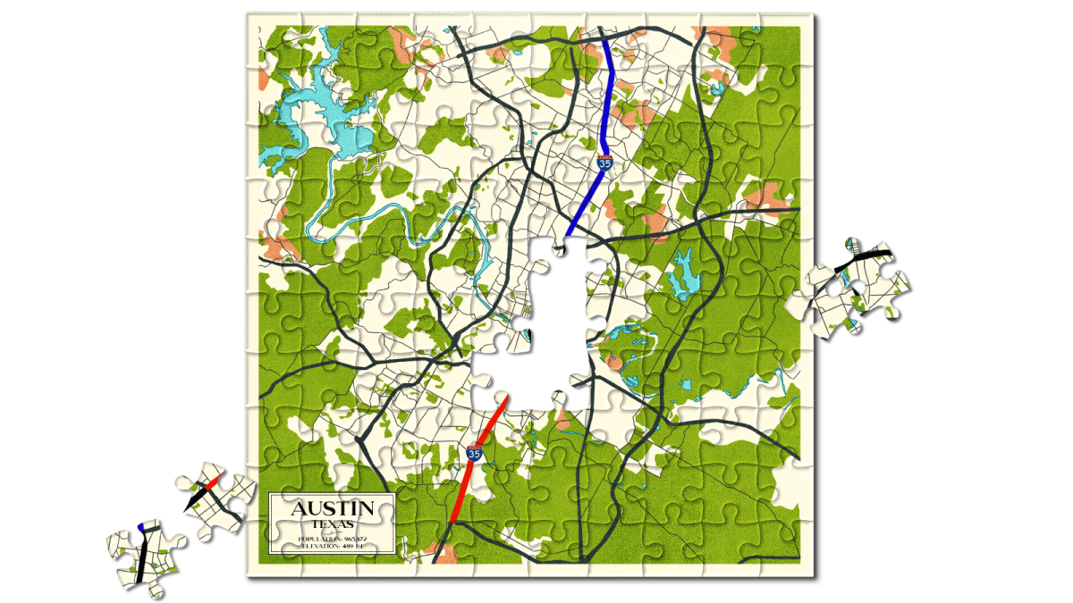 Illustrated puzzle with map of Austin, Texas, on it, with four pieces missing from the middle