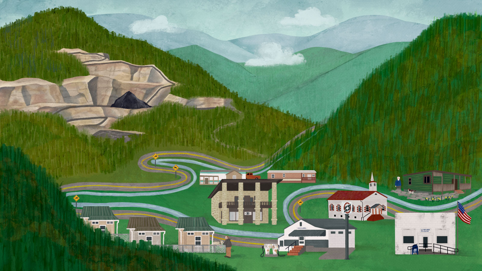 Painting in the folk art style of Grandma Moses of a valley between mountains, with buildings and homes, a river and road winding between them; the mountain on the left has an area of mountaintop removal and a pile of coal