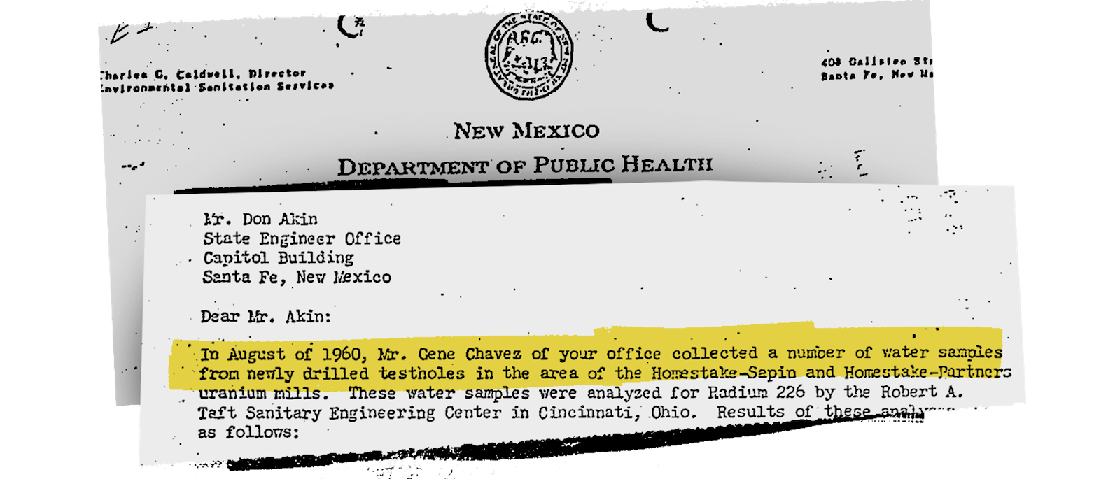 A notice from the New Mexico Department of Health about testing water around the Homestake mine.