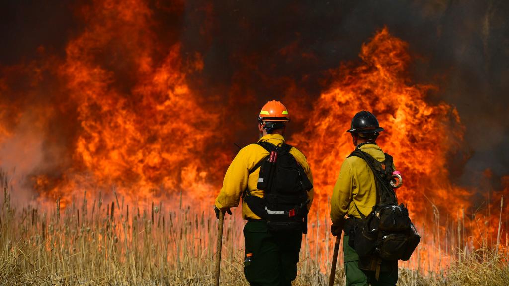 two firefighters stand looking at a huge red blaze