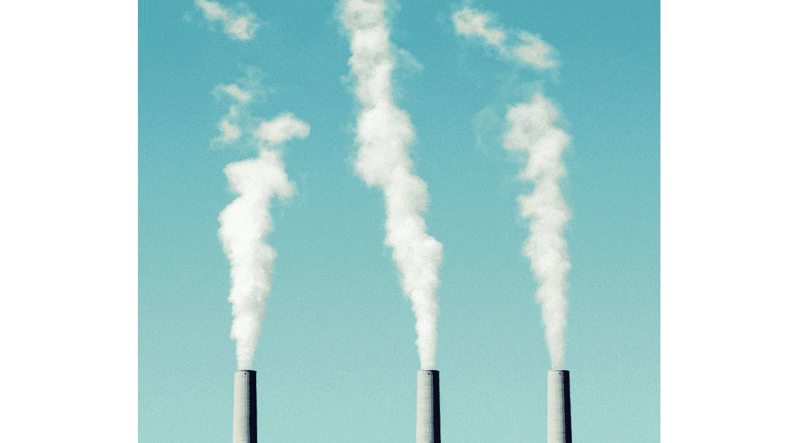 Animation: three smokestacks with smoke disappearing against a blue sky