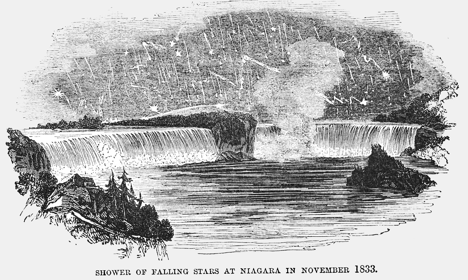 an engraving of stars falling near a waterfall