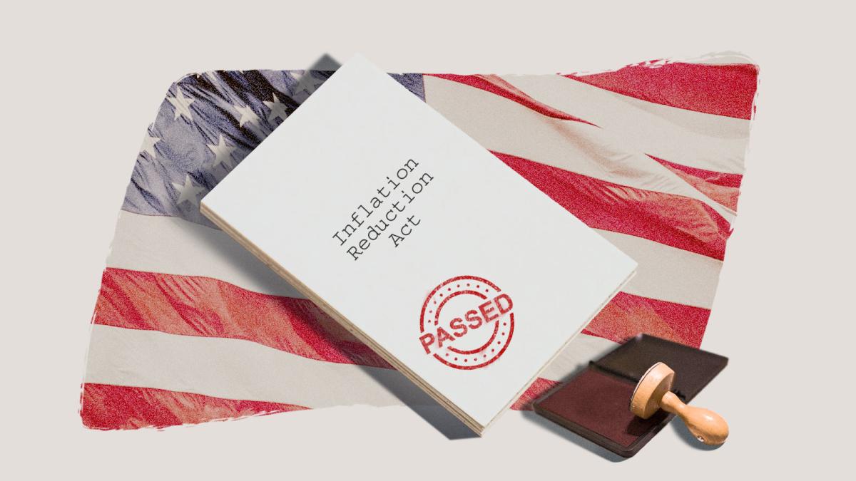 Collage: american flag with stack of paper labeled Inflation Reduction Act, with a stamp reading "PASSED" on top and a stamp on top of an ink pad in the corner