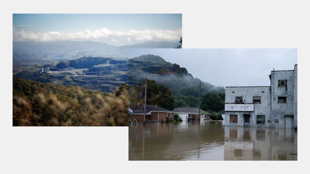 Photo of mountaintop removal mine site with photo of flooded street in Kentucky layered on top