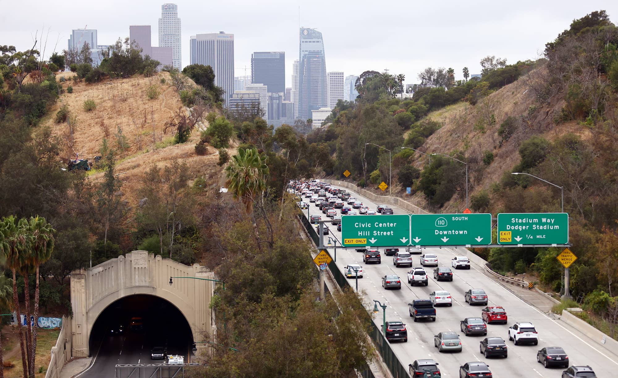 Cars make their way toward downtown L.A. during the morning commute in Los Angeles, California.