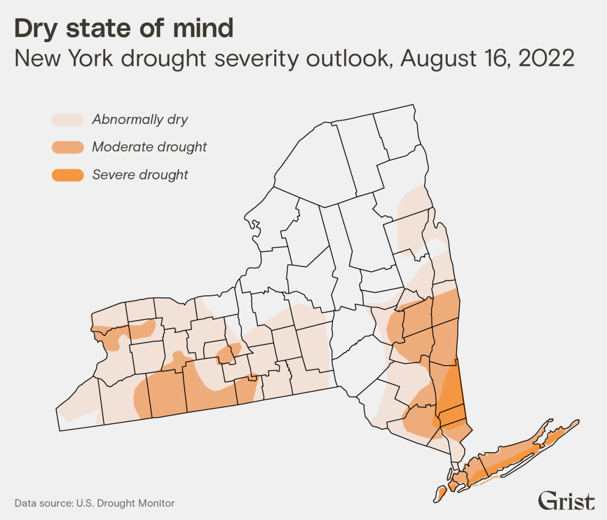 A map of New York State illustrating drought severity as of August 16, 2022. The southern part of the state is experiencing moderate-to-severe drought.