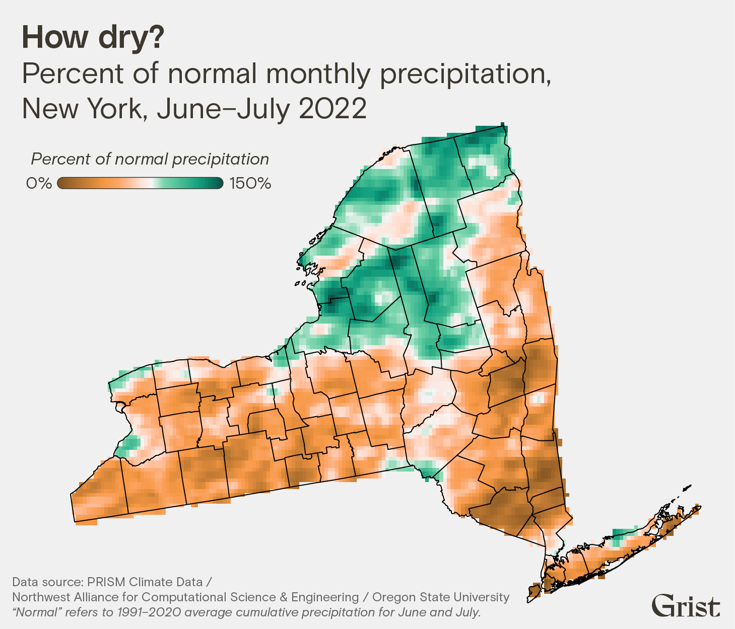 A map of New York State illustrate the percent of normal cumulative monthly precipitation experienced between June and July 2022. Those months, the southern part of the state was well below the average for 1991–2020.