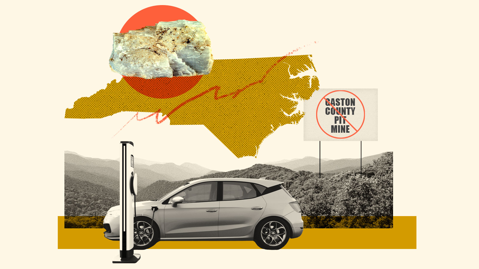 Colagem: um carro elétrico ligado a uma estação de carregamento, montanhas, uma silhueta da Carolina do Norte, um pedaço de minério de lítio e uma placa com as palavras