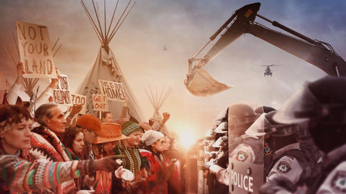 Film poster for "On Sacred Ground", with mostly white protesters and a tipi on the left and police and machinery on the right