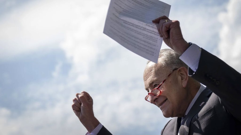 Senator Chuck Schumer holding a piece of paper in one hand with the other hand raised in a fist, a smile on his face; cloudy sky behind him