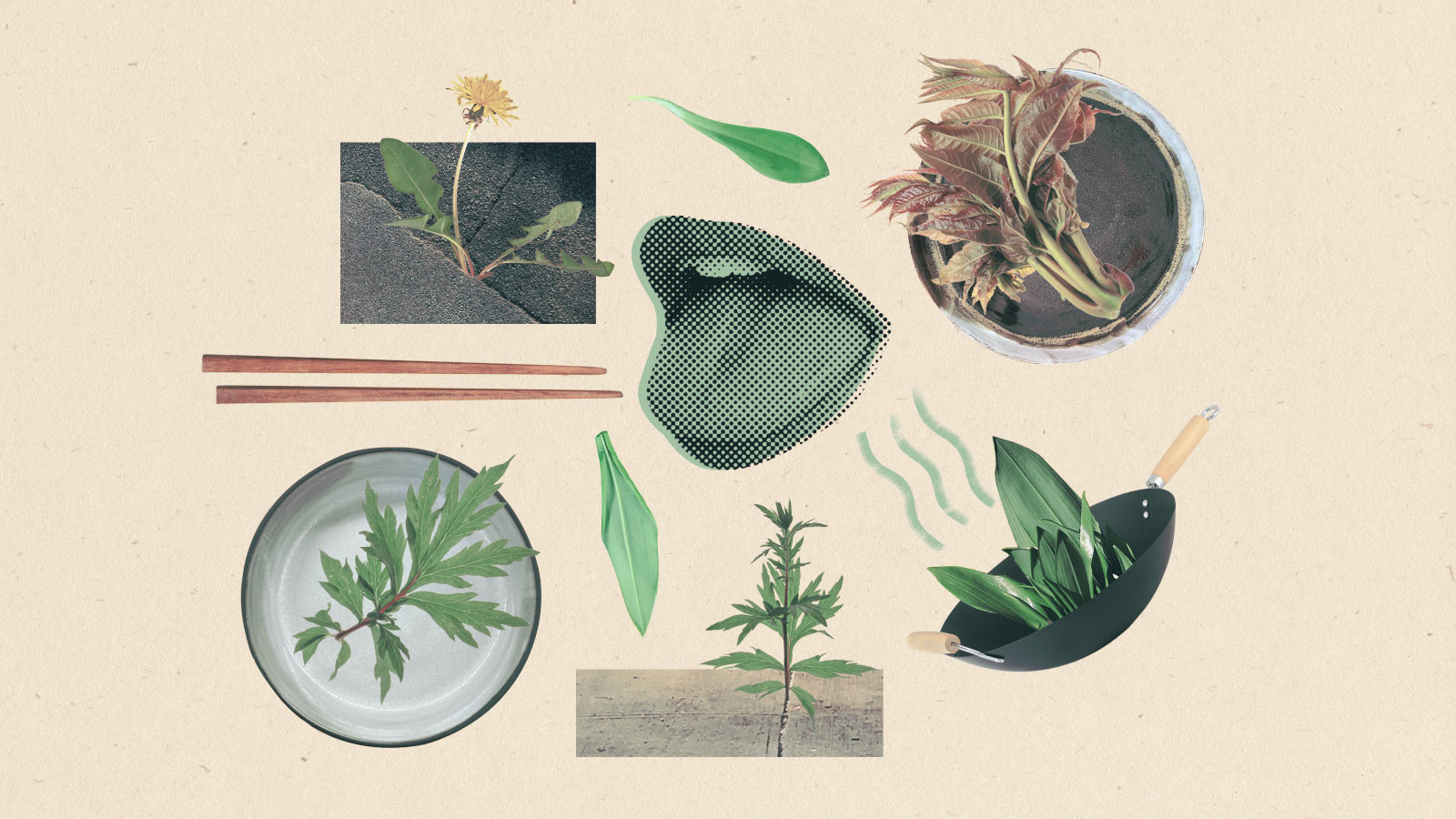 Collage: an open mouth surrounded by leaves, chopsticks, plates with leafy greens on them, plants growing up from cracks in sidewalks, and a wok with a pile of leaves inside it
