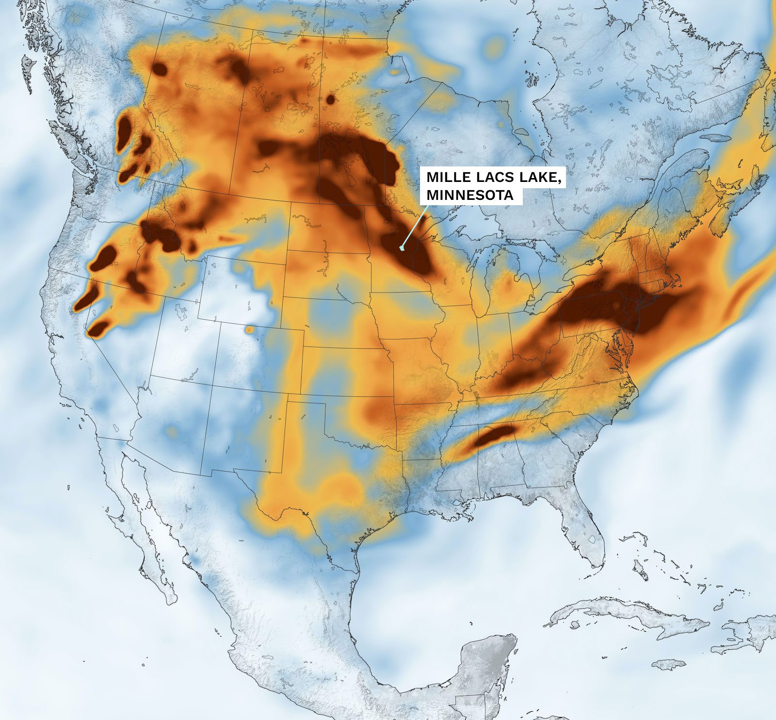 a map of the US with smoke imagery in red yellow and orange