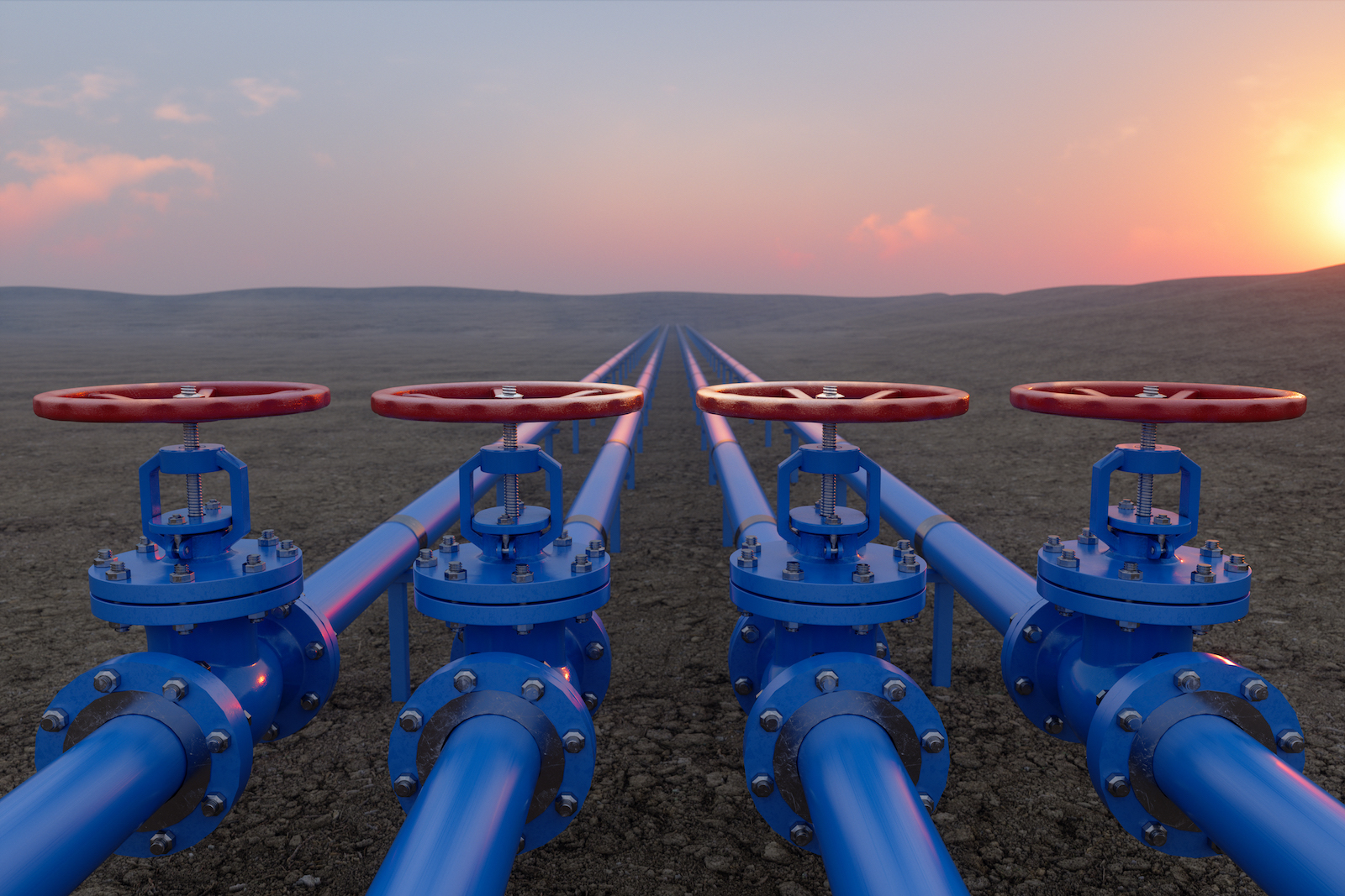 blue pipes with red turner valves stretch across the ground and into the sunset