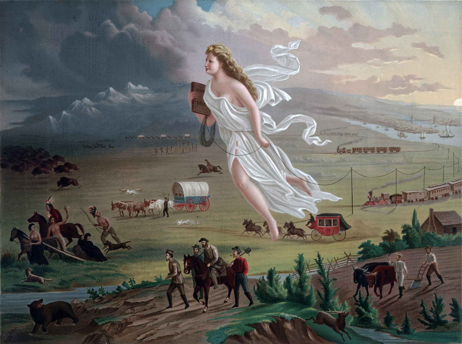1872 painting "American Progress": an outdoors scene with farm fields and a large prairie with mountains in the background; farmers, hunters, horse drawn carriages, and trains all move from right to left to show the theme of manifest destiny; in the center is a larger than life blonde woman representing the hypothetical blessing of manifest destiny