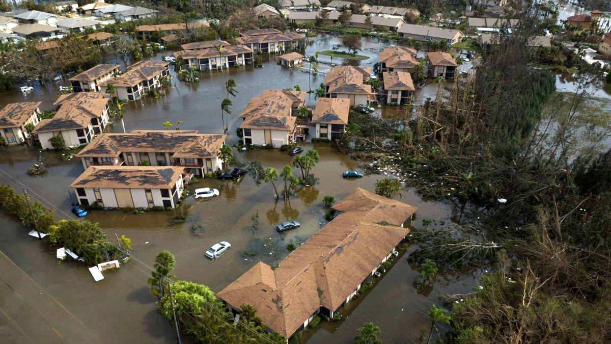An aerial picture shows flooding from Hurricane Ian in Fort Myers, Florida.