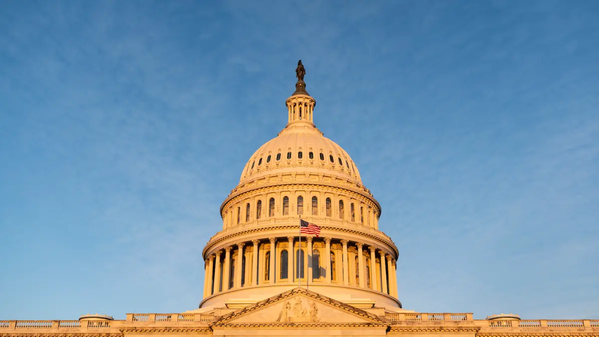 the United States Capital building is washed in sunlight against a blue sky