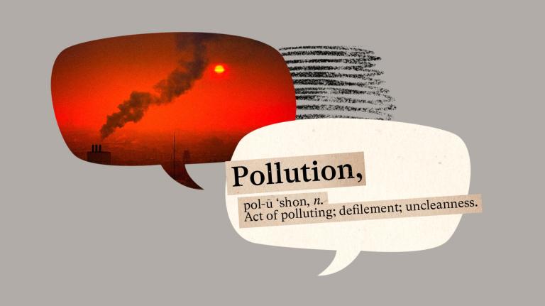 Collage: a speech bubble with a photo of smokestacks and smoke against an orange sunny sky, and a speech bubble with the dictionary definition for the word "pollution" inside it, with a black scribble behind both bubbles