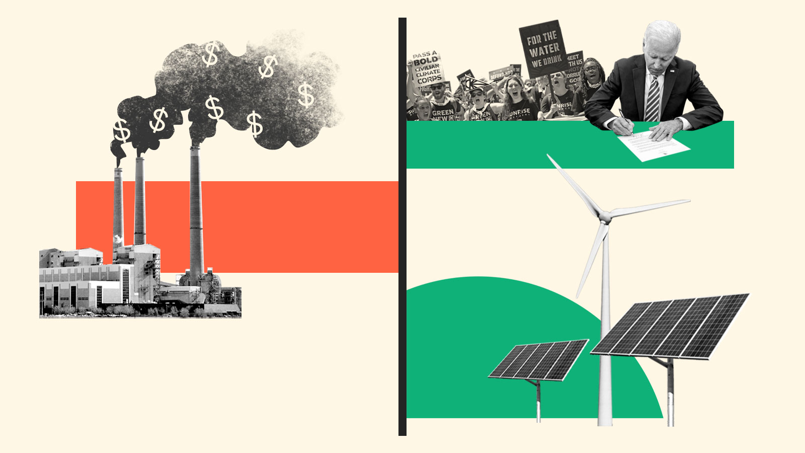 Collage: people protesting behind Joe Biden signing a paper with a green bar beneath them; a red bar with a refinery and smoke with dollar signs coming out of the stacks; a green half circle with solar panels and a wind turbine