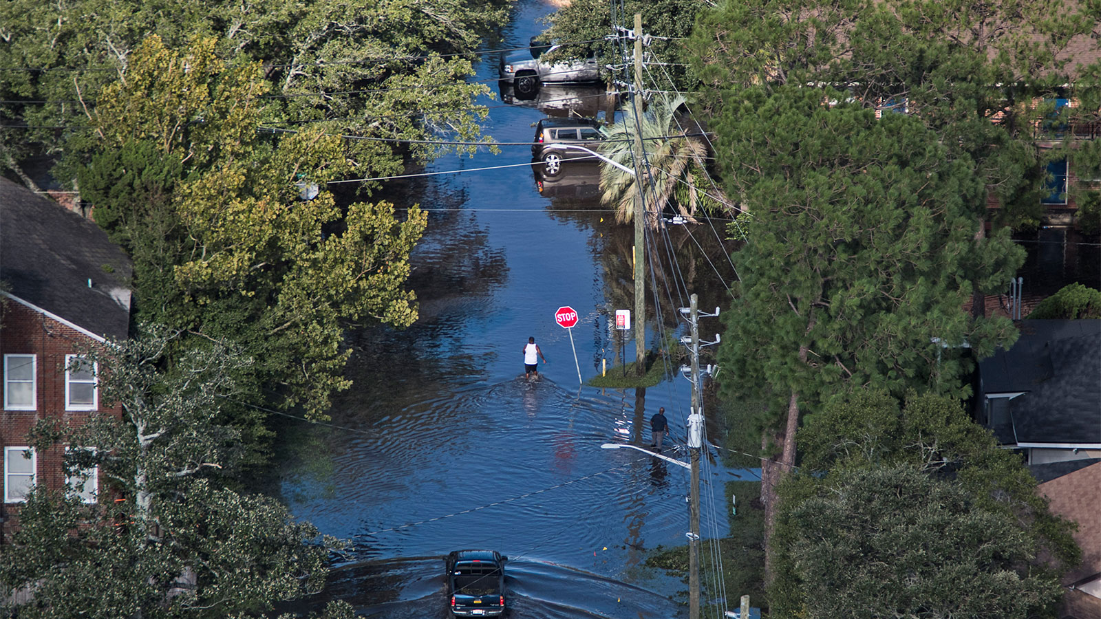 Aerial photo of two people and multiple cars on a flooded street with trees and houses on either side